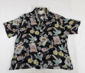 Vtg Tess Womens Silk Button Up Shirt XL Black Sheer Retro Print Bnfts Charity